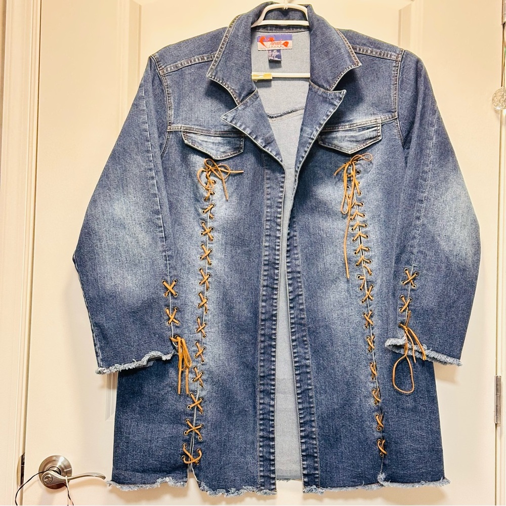 VTG Mwah long jean jacket open front leather lace-up sleeves detail 20W Cotton